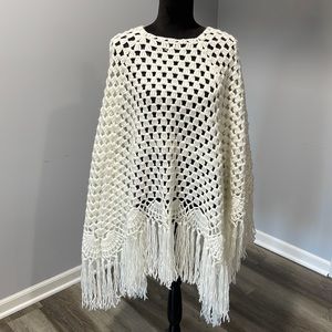 Handmade large blanket knit poncho with long fringe
